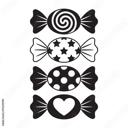 Collection of Whimsical Candy Silhouettes Featuring Swirl, Star, Polka Dot, and Heart Designs for Sweet Themed Illustrations
