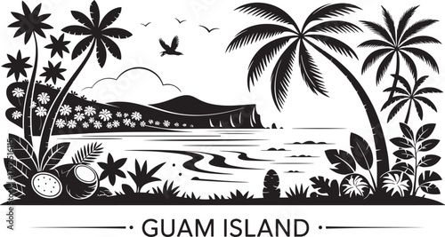 Guam Island tropical beach landscape silhouette featuring palm trees blooming plants coconuts birds