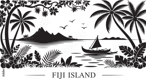 Fiji Island Mountain Ocean Outrigger Boat Palm Trees Tropical Floral Silhouettes