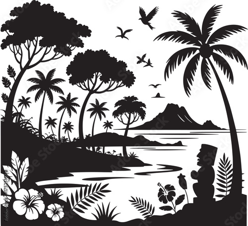 Hawaii island black silhouette tropical landscape with palm trees plants tiki statue mountain birds vector