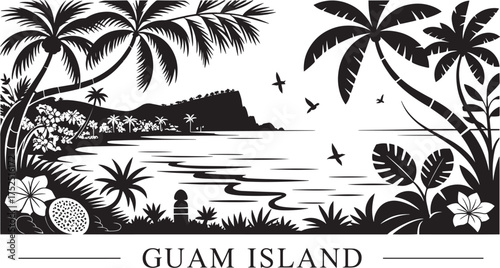 Guam Island tropical beach silhouette with palm trees plants ocean birds rocky cliffs
