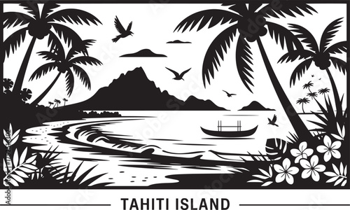 Tahiti Island beach landscape with palm trees ocean waves birds and distant mountains vector silhouette