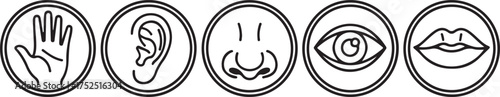 Black and White Line Art Icons of Five Human Senses