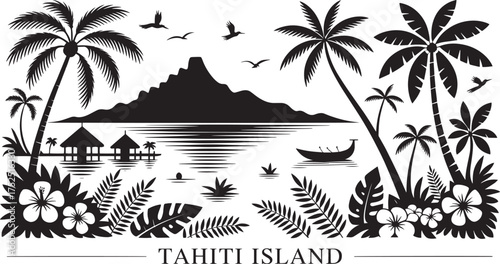 Tahiti Island tropical beach landscape silhouette vector with palm trees and overwater bungalows