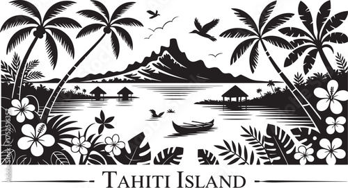 Tahiti Island tropical beach landscape silhouette vector with palm trees and overwater structures