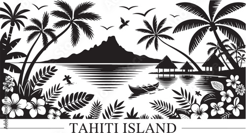 Tahiti Island tropical landscape silhouette vector illustration with palm trees and overwater huts