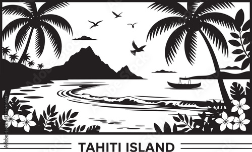 Tahiti Island tropical vector landscape palm trees ocean waves mountains birds boat