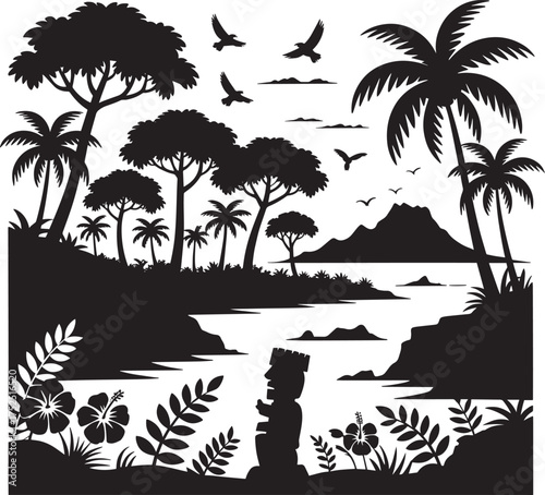 Tropical island beach scene silhouette with palm trees jungle flora and ancient tiki statue