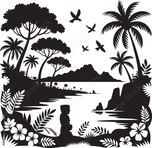 Tropical island beach vector silhouette with palm trees dense jungle mountains and ancient tiki statue