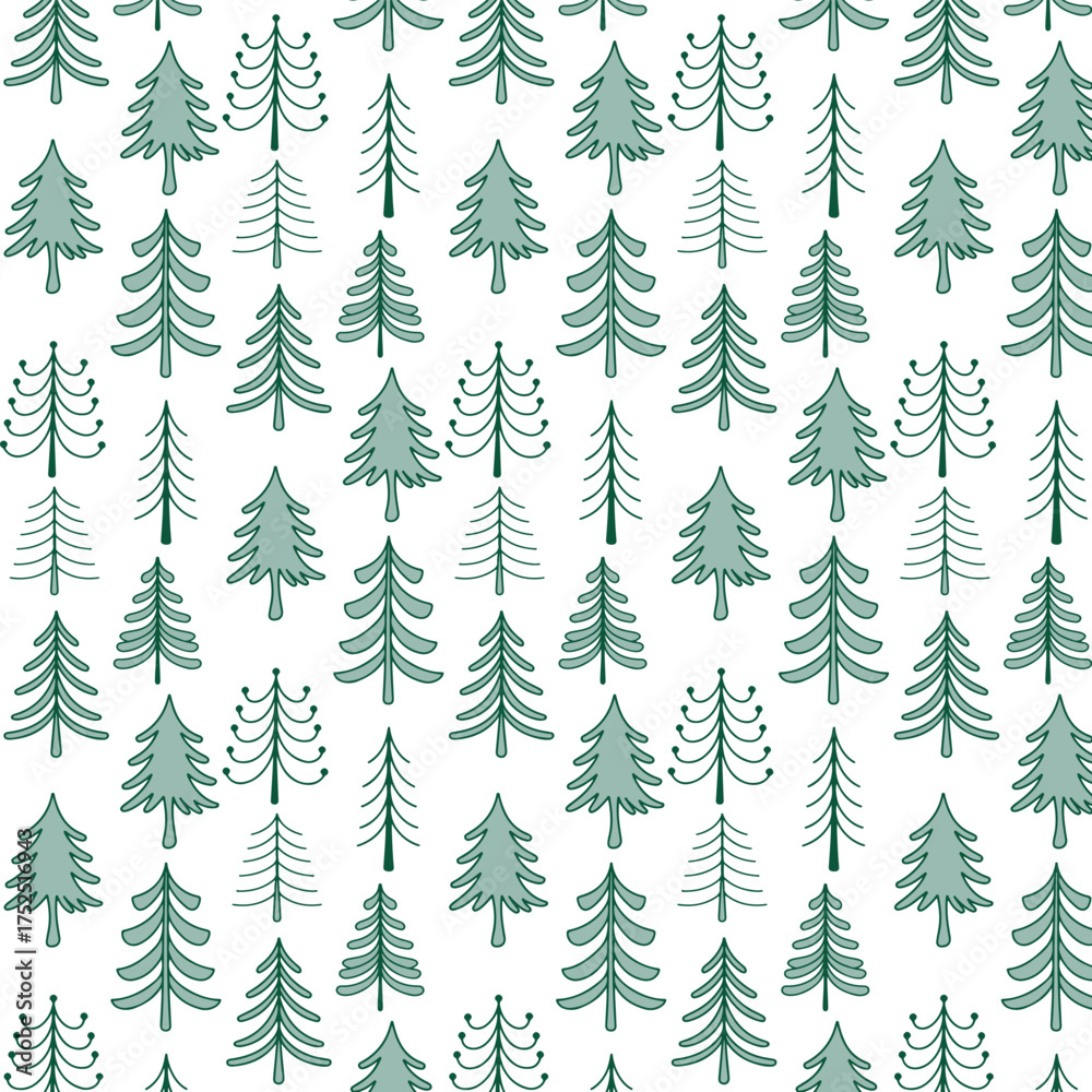 Obraz premium Hand Drawn Seamless Christmas Tree Pattern - Cute Green Doodle Forest Background Vector