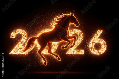 Photorealistic image fiery horse made of flames jumping over burning numbers “2026”, glowing fire sparks, smoke and heat waves, dark black background, cinematic lighting, dramatic contrast