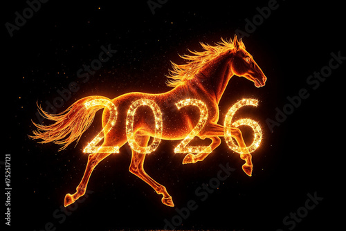 Photorealistic image fiery horse made of flames jumping over burning numbers “2026”, glowing fire sparks, smoke and heat waves, dark black background, cinematic lighting, dramatic contrast