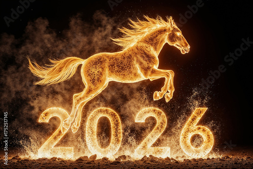 Photorealistic image fiery horse made of flames jumping over burning numbers “2026”, glowing fire sparks, smoke and heat waves, dark black background, cinematic lighting, dramatic contrast