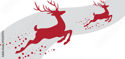 Red reindeer silhouette vector illustration, minimalist Christmas deer design, festive winter holiday art, leaping reindeer graphic for greeting cards, decorations, and seasonal New Year celebration t