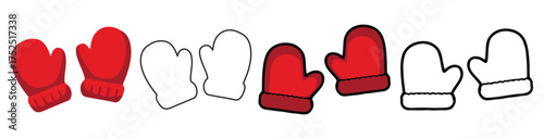 Christmas mittens vector illustration, cute red winter gloves collection, hand drawn holiday clothing icon set, flat minimal festive accessory graphic for xmas and new year seasonal decoration design