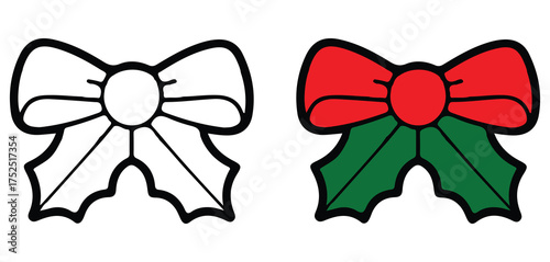 Christmas bow ribbon vector illustration, red and green festive decorative element, flat holiday ornament design, elegant gift wrapping bow for xmas celebration, winter seasonal decoration graphic