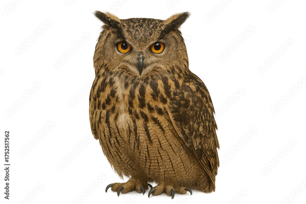 Naklejka premium Eurasian eagle owl standing, looking directly, nocturnal predator, wisdom symbol, wildlife bird with orange eyes