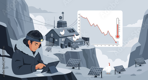 Arctic researcher monitoring climate change impact on remote farm with solar panels