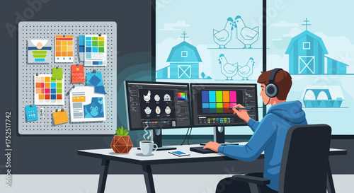 Creative workspace of a graphic designer focused on vibrant designs and illustrations