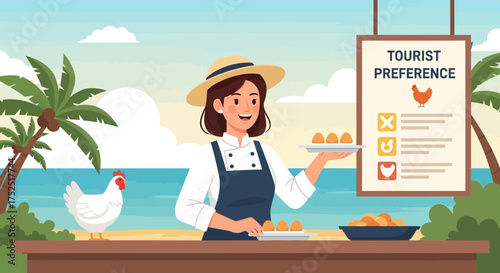 Tropical Culinary Preference: A Beachside Chef Catering to Tourists with Fresh Eggs
