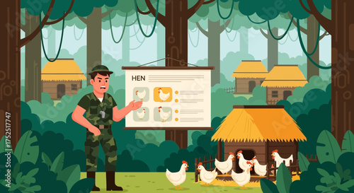Illustration of a man in a jungle teaching about hen farming with a presentation