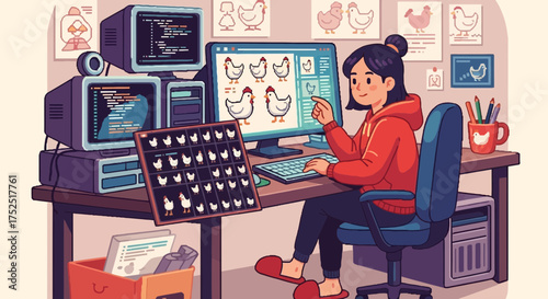 Young female developer working at her desk with chicken themed software projects