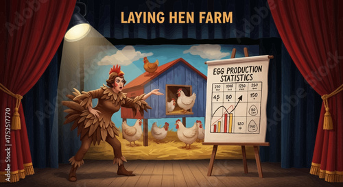 Humorous depiction of laying hen farm performance with stage and presenter