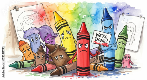 Crayons on strike: A humorous illustration of colorful drawing tools protesting
