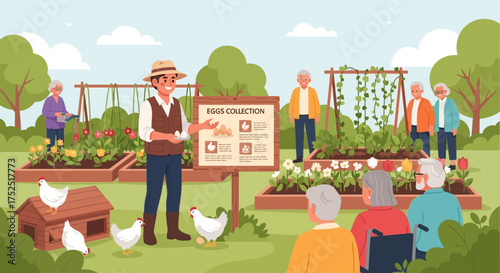 Interactive egg collection workshop for seniors in a community garden setting