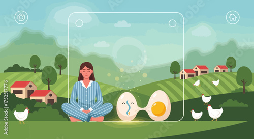 Serene woman meditating with fanciful eggs amidst a peaceful pastoral farmscape