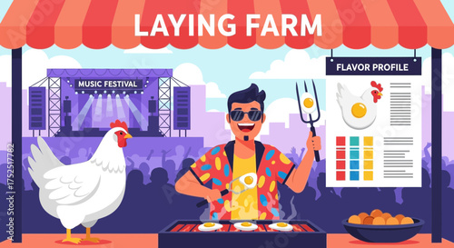 Laying Farm concept at music festival with grilled eggs for hungry crowd