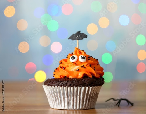Delightful Halloween cupcake with orange frosting, googly eyes, and bat decoration for spooky celebrations and festive treats, perfect for party themes
