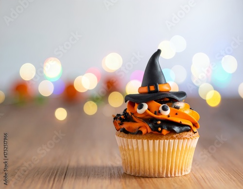 Delightfully spooky Halloween cupcake with witch hat offers a sweet treat for festive celebrations and seasonal promotions, perfect for holiday marketing