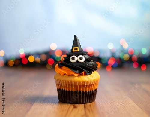 Festive Halloween witch cupcake with spooky eyes and black frosting, perfect for holiday celebrations or themed party invitations and decorations