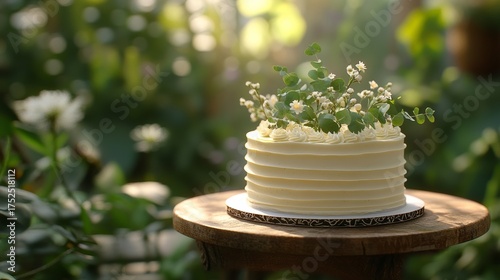 Wallpaper Mural A natural buttercream cake in an outdoor garden setting, decorated with loose summer foliage, glowing softly under the golden afternoon sunlight. Torontodigital.ca