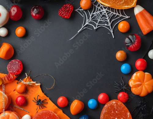 Spooky Halloween Treats and Decorations Frame on Black Background for Festive Celebrations and Product Mockups, Creating a Fun and Playful Atmosphere