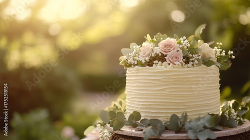 Wallpaper Mural A rustic one-tier birthday cake with creamy buttercream frosting, topped with fresh eucalyptus leaves and greenery, placed on a wooden table in a sunny summer garden.
 Torontodigital.ca