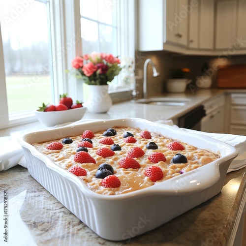 Wallpaper Mural Homemade oatmeal with strawberries and blueberries on a golden-edged ceramic plate, bright morning kitchen scene with window light and minimal design. Torontodigital.ca