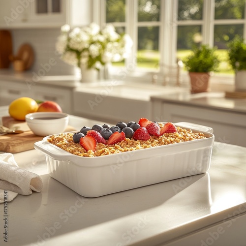 Wallpaper Mural Warm fruit and nut oatmeal served on a white plate with caramelized brown sugar, maple syrup bowl nearby, in a clean kitchen with white cabinets and sunlight. Torontodigital.ca