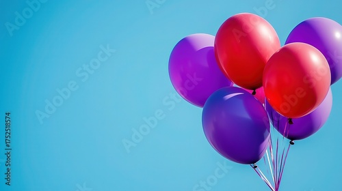 Purple and red balloons floating in the sky, close - up highlights colors, great for festive events
