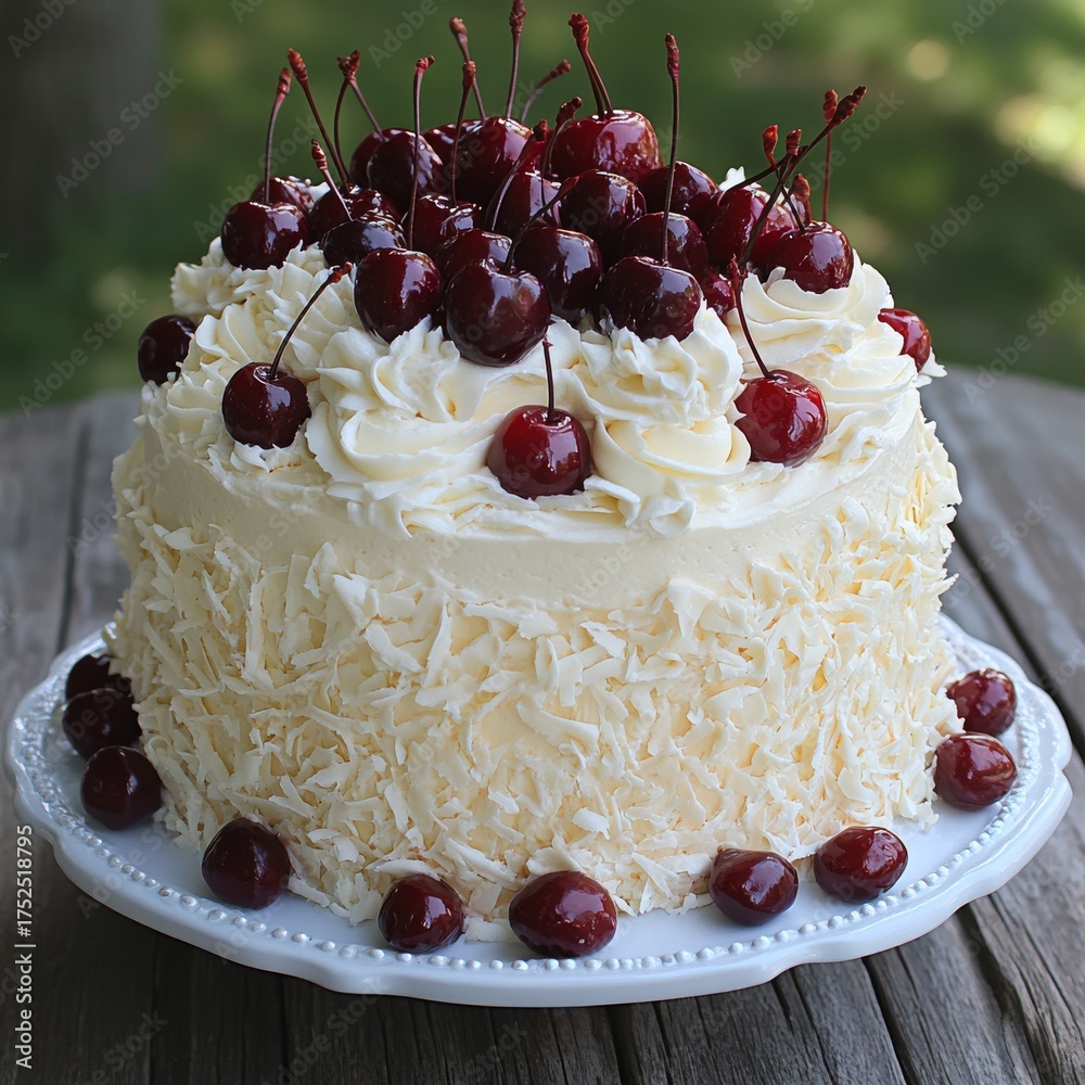 custom made wallpaper toronto digitalElegant two-tier celebration cake with bright red cherries and soft white embellishments, captured against a clean white background.