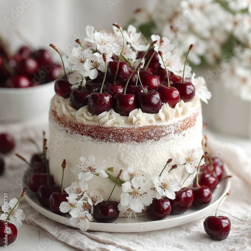 Wallpaper Mural A luxurious white cake beautifully decorated with cherries surrounded by delicate swirls of frosting. A simple background. Torontodigital.ca