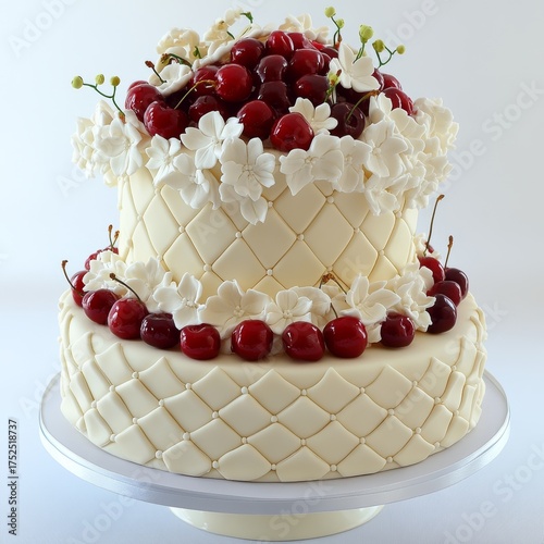 Wallpaper Mural Two-story white frosted cake with red cherries on top, minimal icing texture, stylish dessert display for special occasions.
 Torontodigital.ca