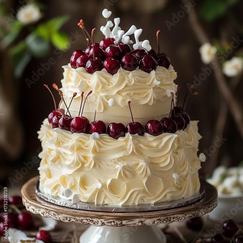 Wallpaper Mural Classic white birthday cake with cherries on both layers, simple and modern design, photographed in natural soft light.
 Torontodigital.ca