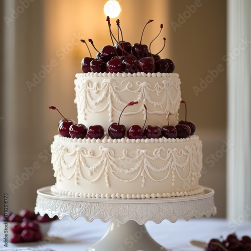 Wallpaper Mural Beautiful double-layer white cake topped with fresh cherries, featuring smooth frosting and delicate white decorations around the sides.
 Torontodigital.ca