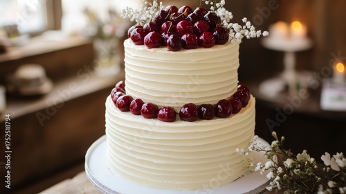 Wallpaper Mural A two-tier white birthday cake decorated with glossy red cherries and elegant white icing details, minimal background, professional food photography. Torontodigital.ca