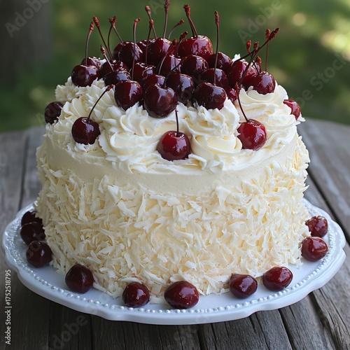 Wallpaper Mural Elegant two-tier celebration cake with bright red cherries and soft white embellishments, captured against a clean white background. Torontodigital.ca