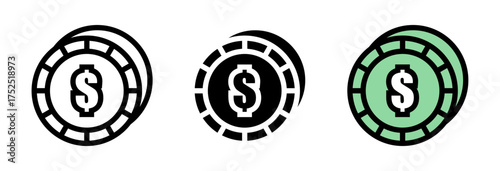 Conjunto de iconos de monedas. Dinero, ahorro, finanzas y economía. Ilustración vectorial