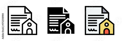 Conjunto de iconos de documento de propiedad. Legalidad, firma, contrato de vivienda. Ilustración vectorial