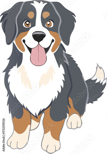 Cartoon illustration of a Bernese Mountain Dog with brown, black, and white markings and a pink tongue